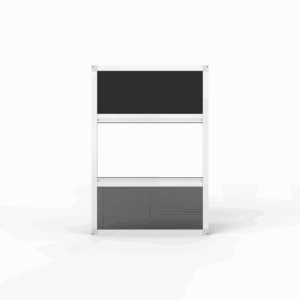 Fliegengitter Plissee Dachfenster nach Maß – 2-flügelig, Innenwandmontage mit Verdunkelungsoption, kombinierte Ansicht mit Verdunkelungsplissee oben und Fliegengitter unten, Aluminiumrahmen in Weiß