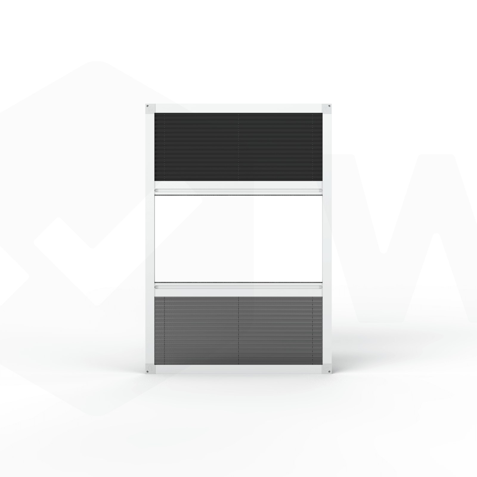 Fliegengitter Plissee Dachfenster nach Maß – 2-flügelig, Innenwandmontage mit Verdunkelungsoption, kombinierte Ansicht mit Verdunkelungsplissee oben und Fliegengitter unten, Aluminiumrahmen in Weiß