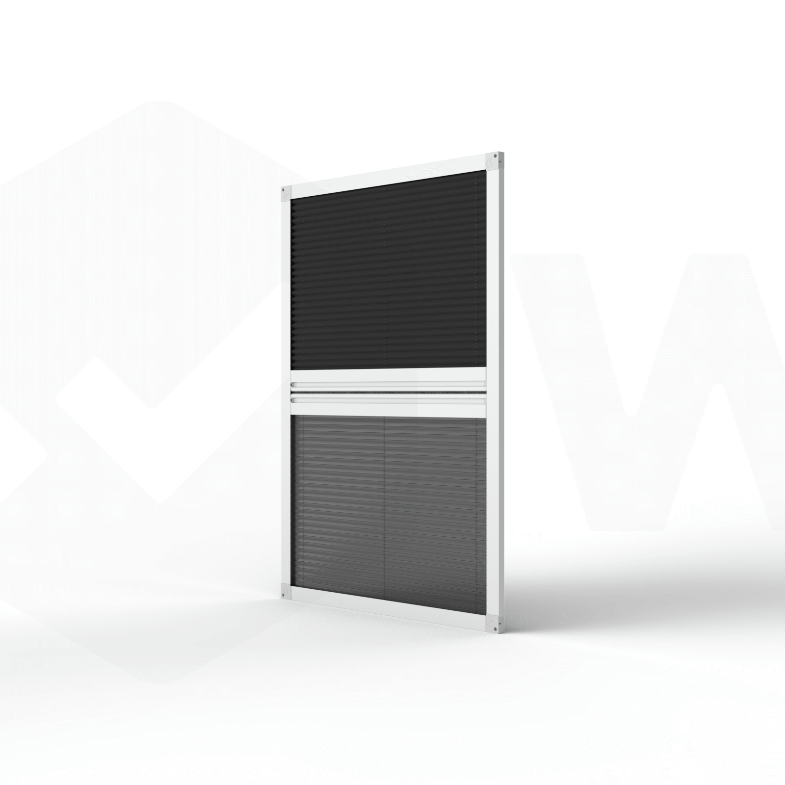 Fliegengitter Plissee Dachfenster nach Maß – 2-flügelig, Innenwandmontage mit Verdunkelungsoption, mittig geschlossen mit Verdunkelungsplissee oben und Fliegengitter unten, Aluminiumrahmen in Weiß