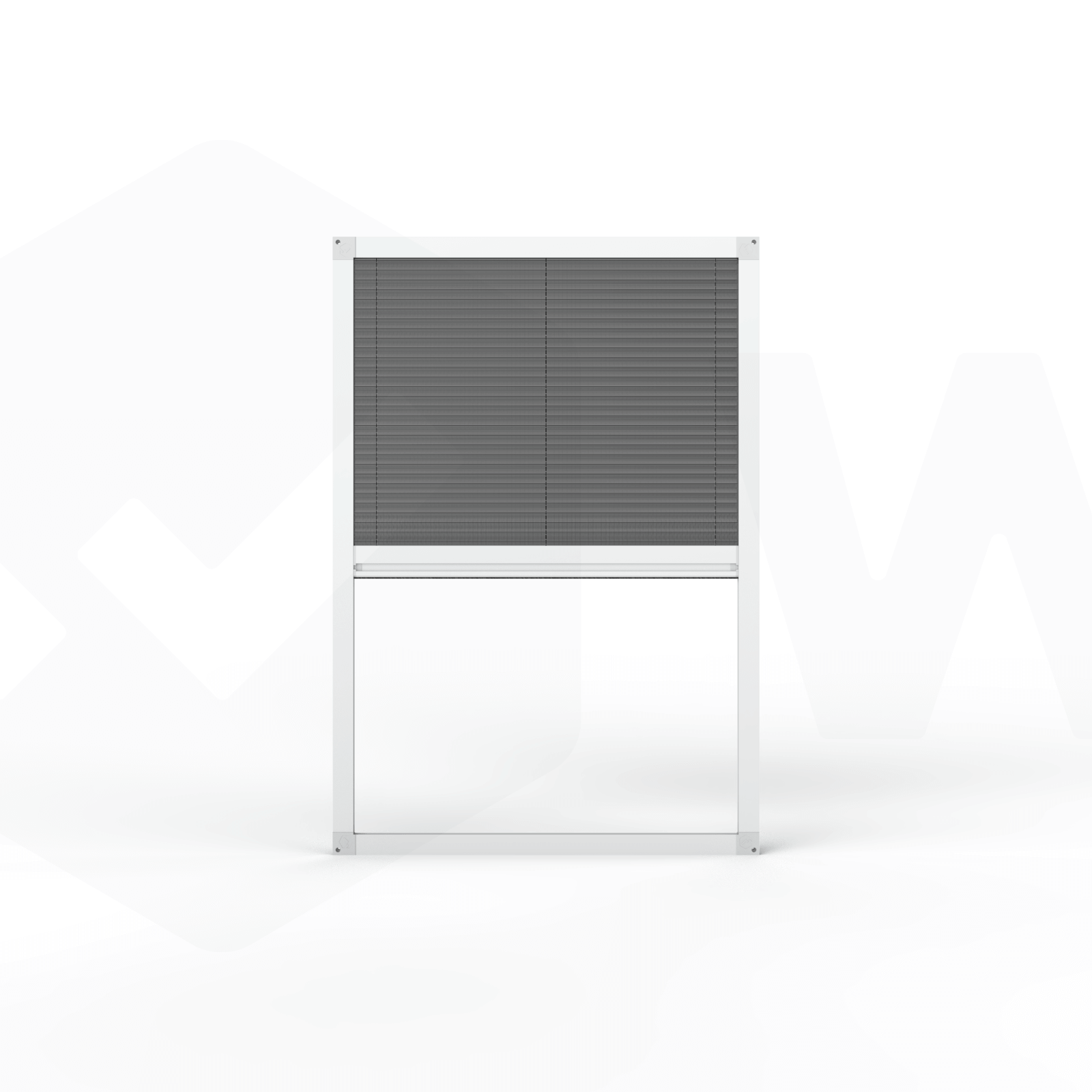 Fliegengitter Plissee Dachfenster nach Maß – 1-flügelig, Innenwandmontage, Frontalansicht, halb geöffnet, in weiß