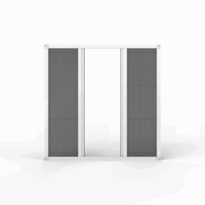 Fliegengitter Plissee Fenster nach Maß – 2-flügelig, Rahmenmontage, Frontalansicht, halb geöffnet, in weiß