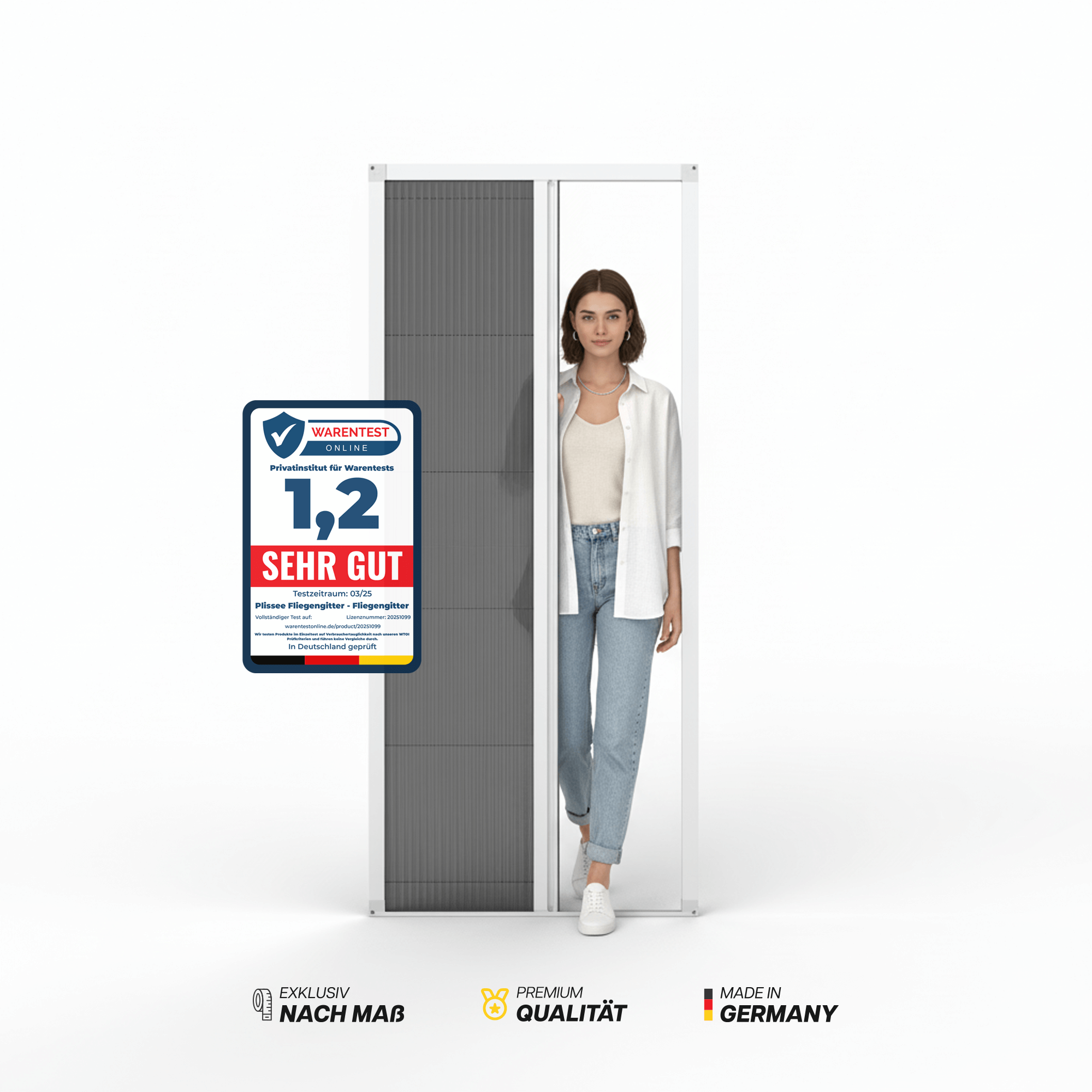 Fliegengitter Plissee Tür nach Maß in weiß, 1-flügelig, Rahmenmontage, hochwertige Premium-Ausführung, Bestseller in Frontalansicht