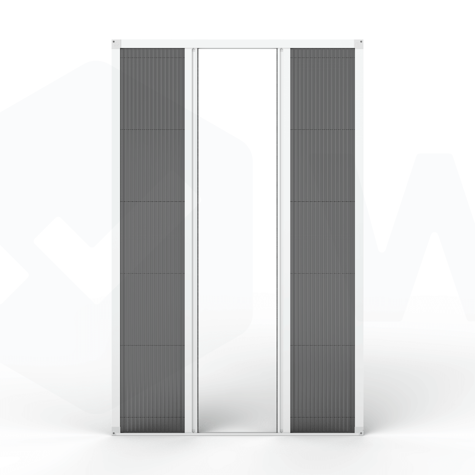 Fliegengitter Plissee Tür nach Maß – Rahmenmontage, zweiflügelig, Frontalansicht, halb geöffnet, in weiß