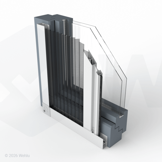 Schräge Ansicht der Rahmenmontage mit hoher Bodenschiene und seitlicher Führung