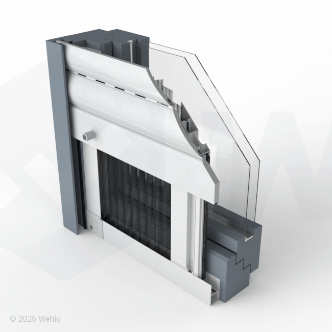 Rahmenmontage mit 35 mm Bodenschiene bei vorhandenem Rollladen – seitliche Einbausituation